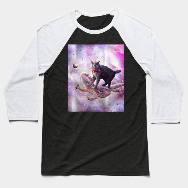 Space Cat Riding Bearded Dragon Lizard Baseball T-Shirt by Random Galaxy